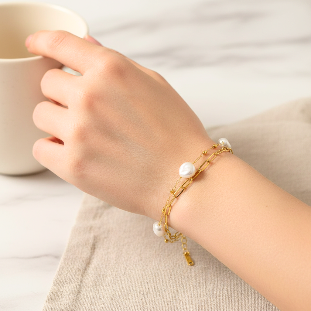 gold pearl chain bracelet for women – elegant double layer link design gold pearl chain bracelet for women – elegant double layer link design