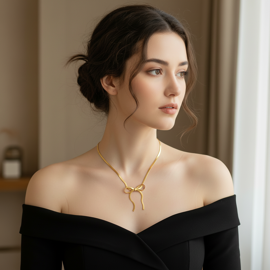 elegant bow knot gold snake chain necklace elegant bow knot gold snake chain necklace