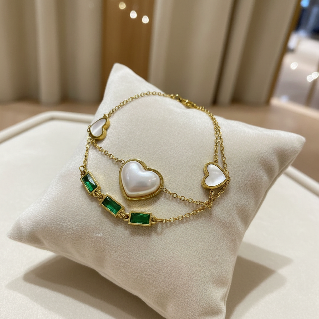 gold heart charm pearl & emerald style bracelet gold heart charm pearl & emerald style bracelet