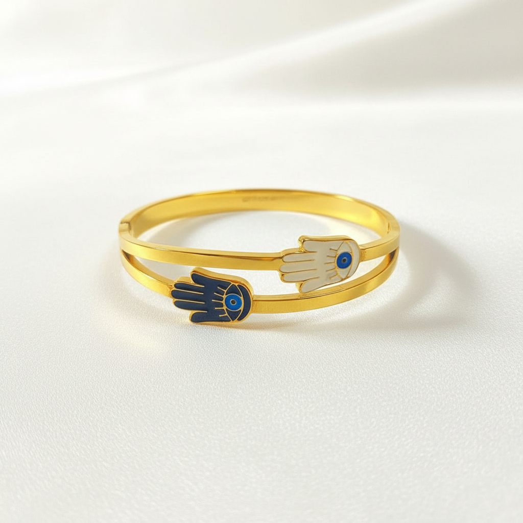 dual hamsa hand evil eye bangle. dual hamsa hand evil eye bangle.