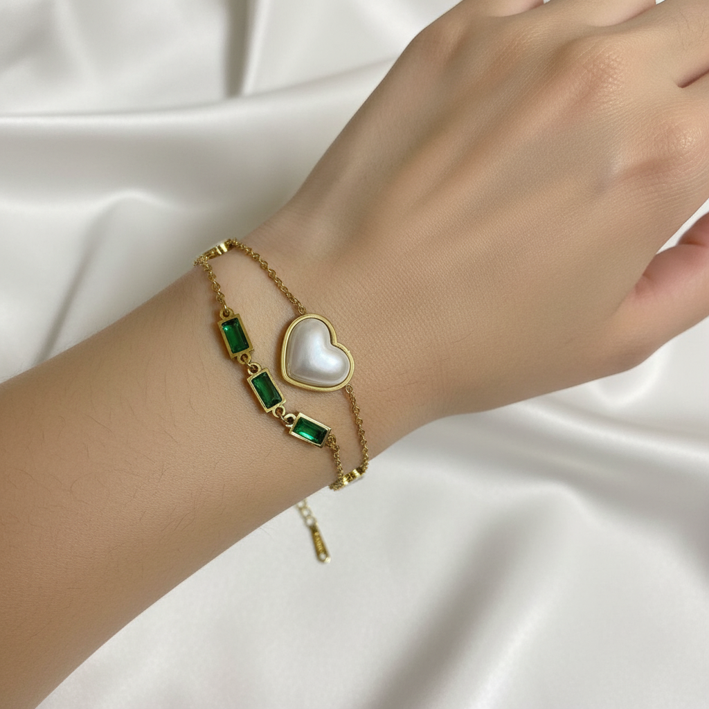 gold heart charm pearl & emerald style bracelet gold heart charm pearl & emerald style bracelet