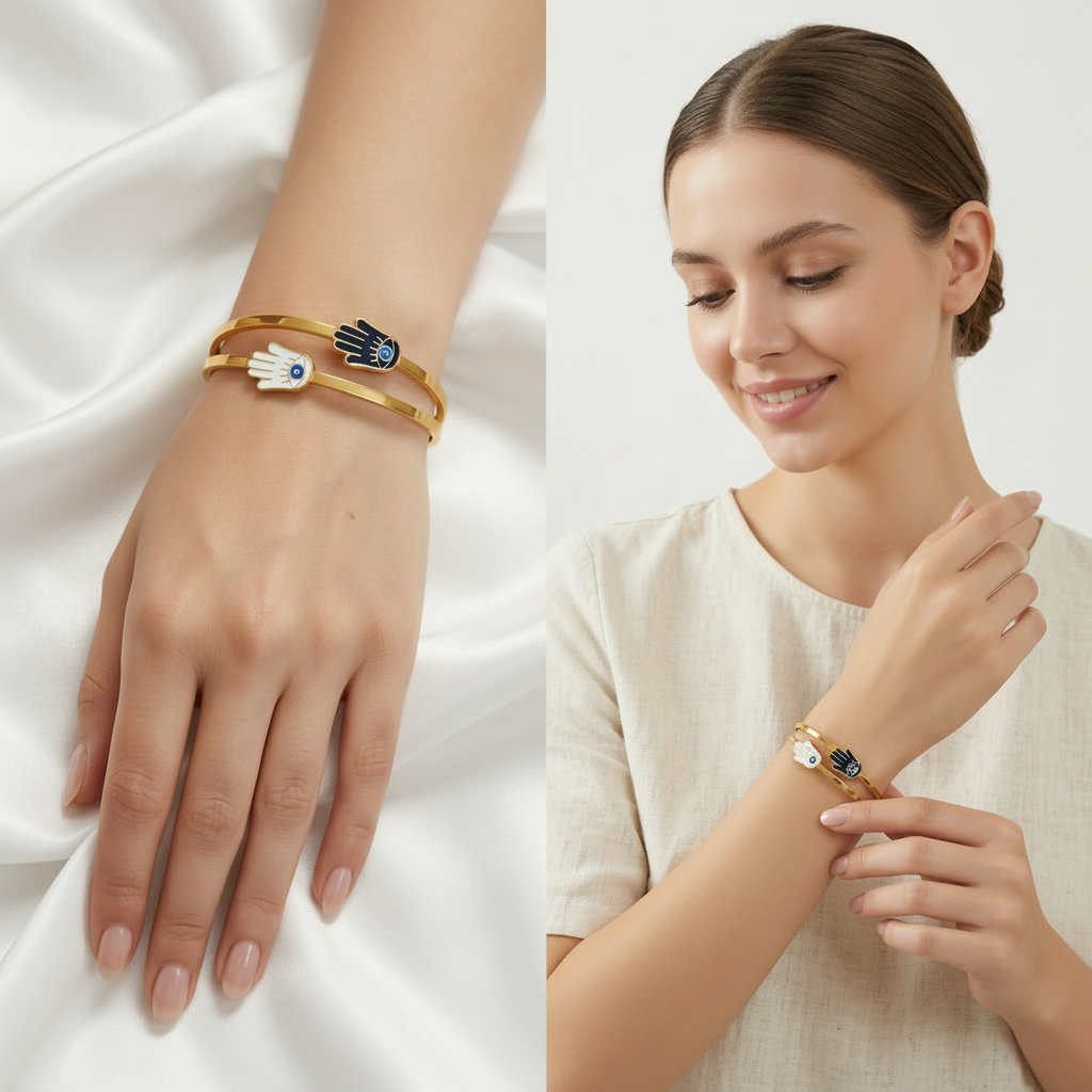 dual hamsa hand evil eye bangle. dual hamsa hand evil eye bangle.