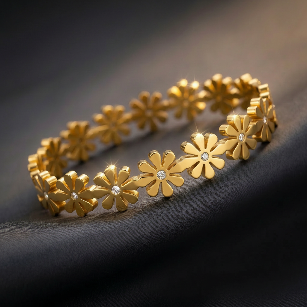 gold floral design bangle for women – elegant daisy pattern statement gold floral design bangle for women – elegant daisy pattern statement