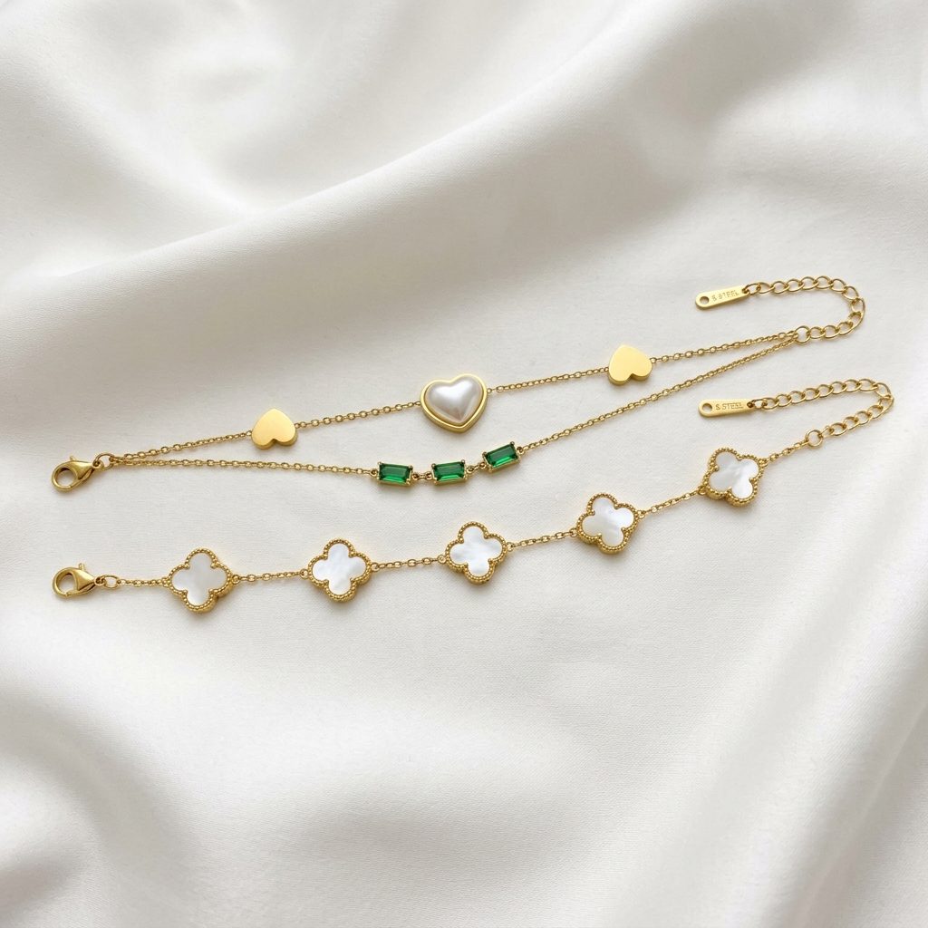 gold heart & clover charm bracelet combo gold heart & clover charm bracelet combo