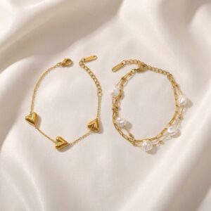 gold heart charm & pearl chain bracelet combo