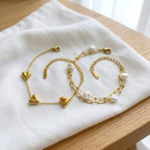 gold heart charm & pearl chain bracelet combo