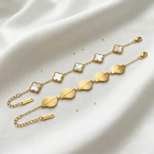 gold clover charm & leaf bracelet combo