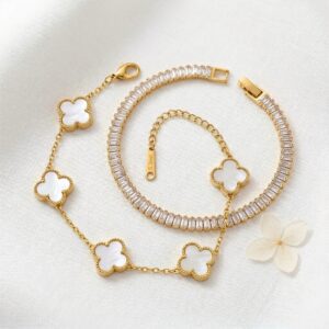 gold clover & golden crystal tennis bracelet combo