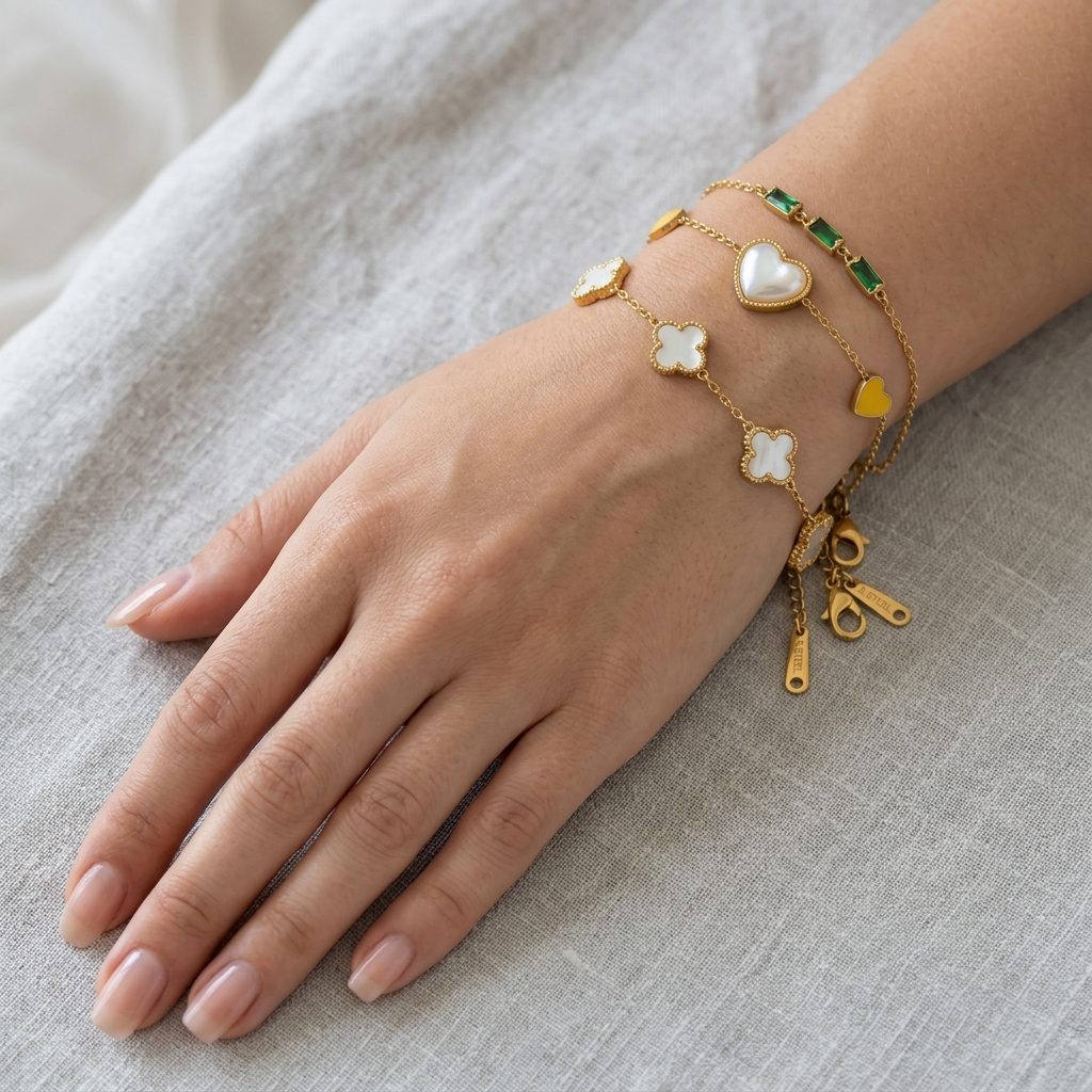 gold heart & clover charm bracelet combo gold heart & clover charm bracelet combo