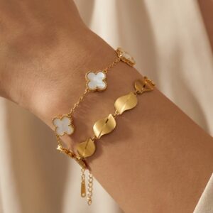 gold clover charm & leaf bracelet combo