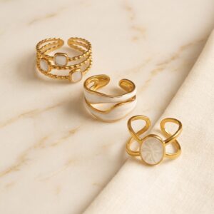krish pearl wave & clover ring combo (set of 3 adjustable rings)