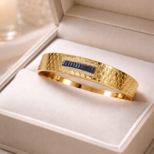 geometric sapphire inlay gold honeycomb design bangle