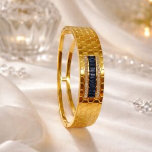 geometric sapphire inlay gold honeycomb design bangle
