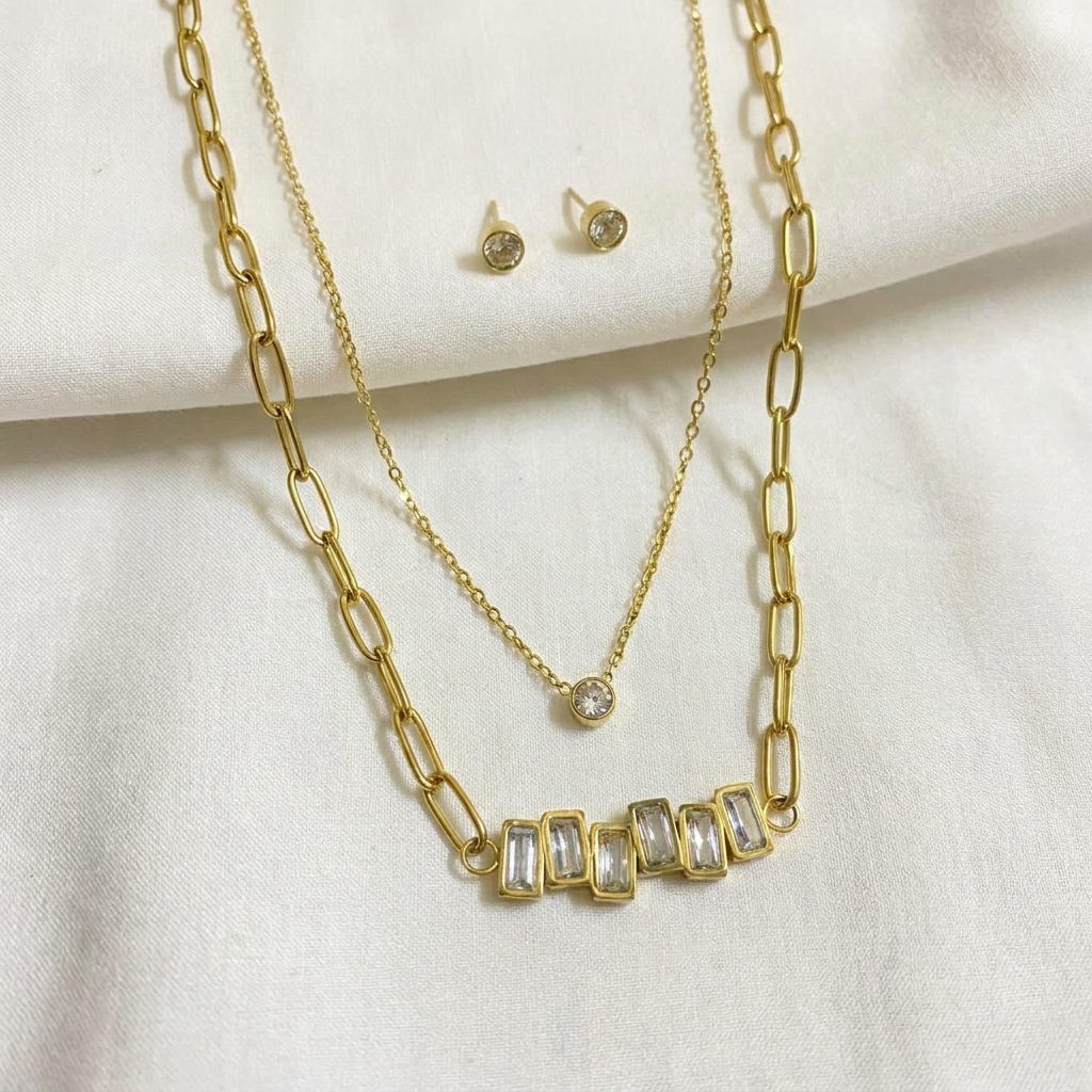 luxury baguette crystal layered necklace set luxury baguette crystal layered necklace set