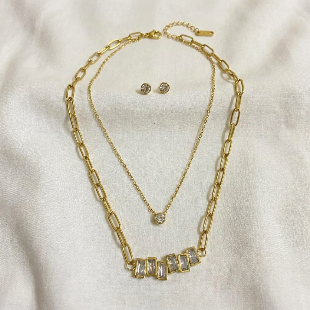 luxury baguette crystal layered necklace set luxury baguette crystal layered necklace set