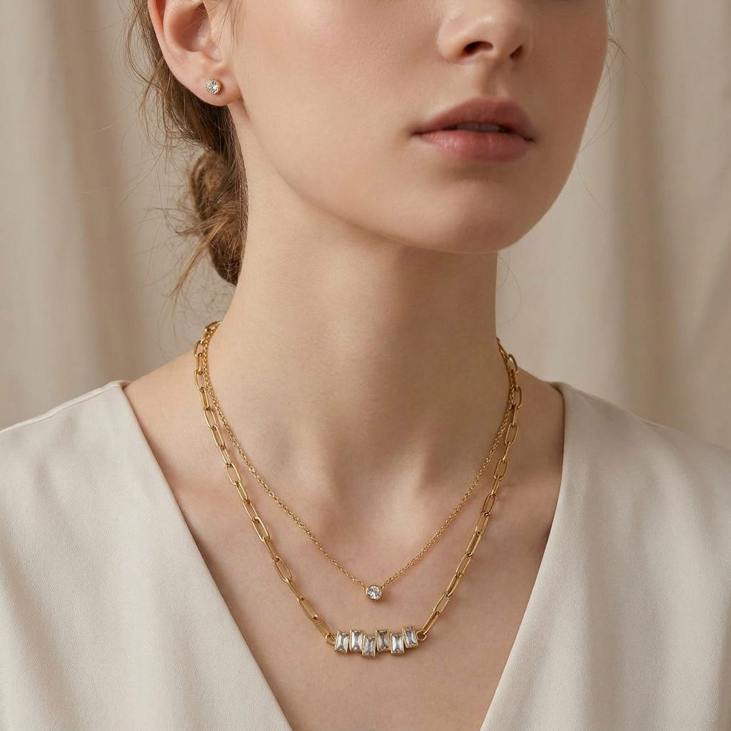 luxury baguette crystal layered necklace set luxury baguette crystal layered necklace set