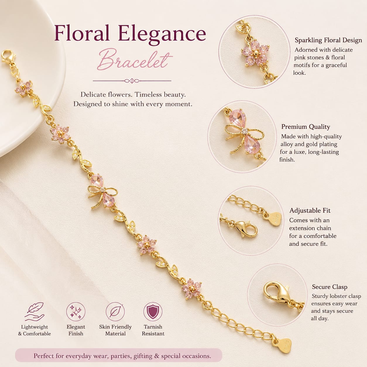 floral elegance pink crystal bracelet floral elegance pink crystal bracelet