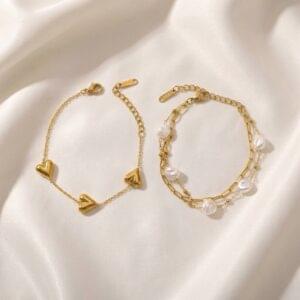 Home gold heart charm & pearl chain bracelet combo
