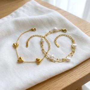 gold heart charm & pearl chain bracelet combo gold heart charm & pearl chain bracelet combo