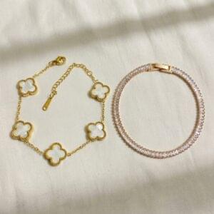 Home gold clover & golden crystal tennis bracelet combo