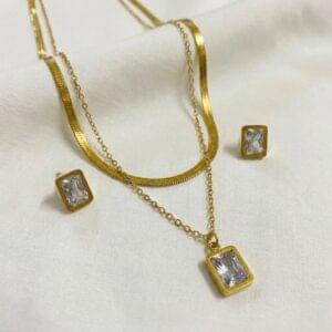gold geometric crystal necklace & earrings set